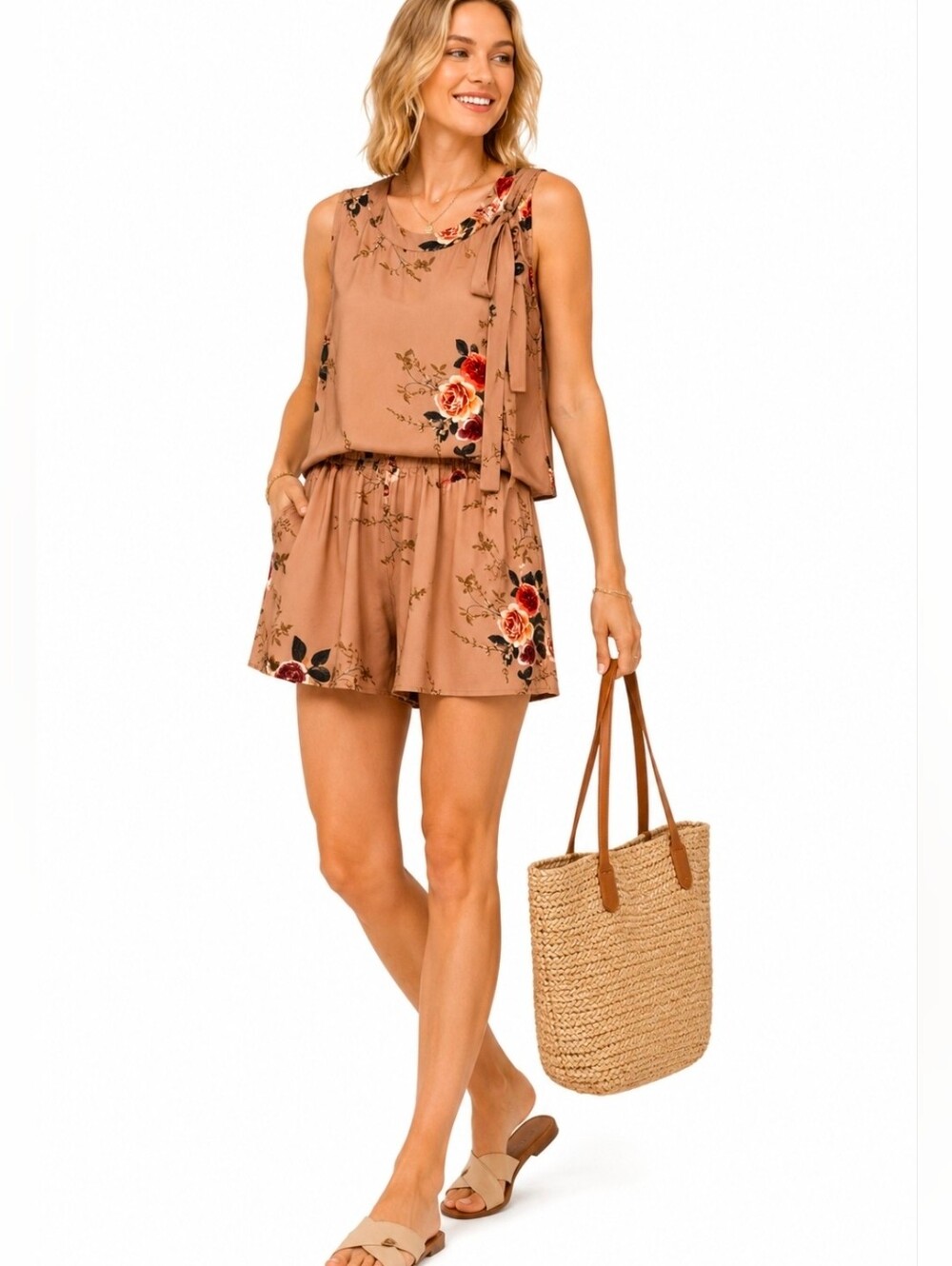 Umgee Floral Dusty Pink Tan Romper with Pockets, Open Back Lined, Bow Tie S NWT